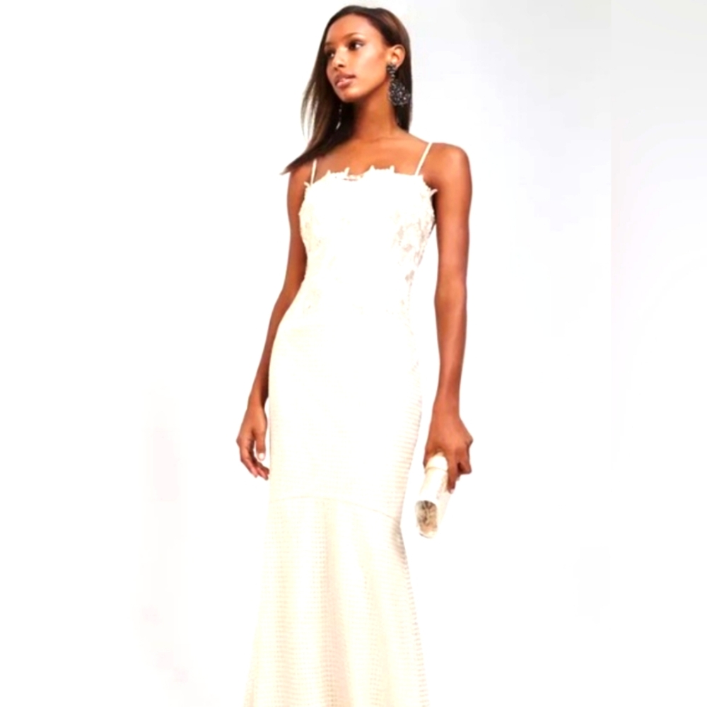 Aidan Mattox  Spaghetti Strip Embroidered lace Top Cham Ivory Gown NEW